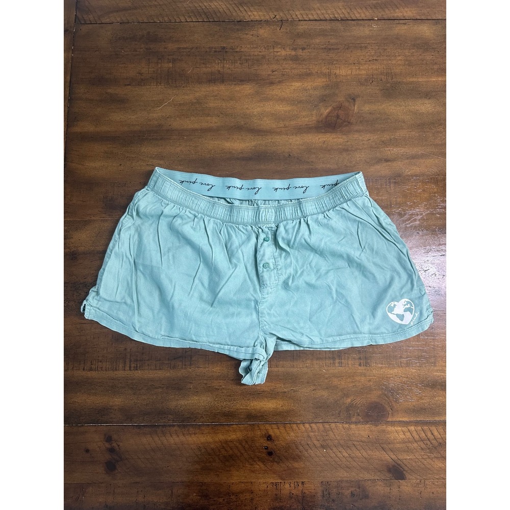 Victoria's Secret PINK Sage Green Sleep Shorts Heart Globe Logo Pajamas Large